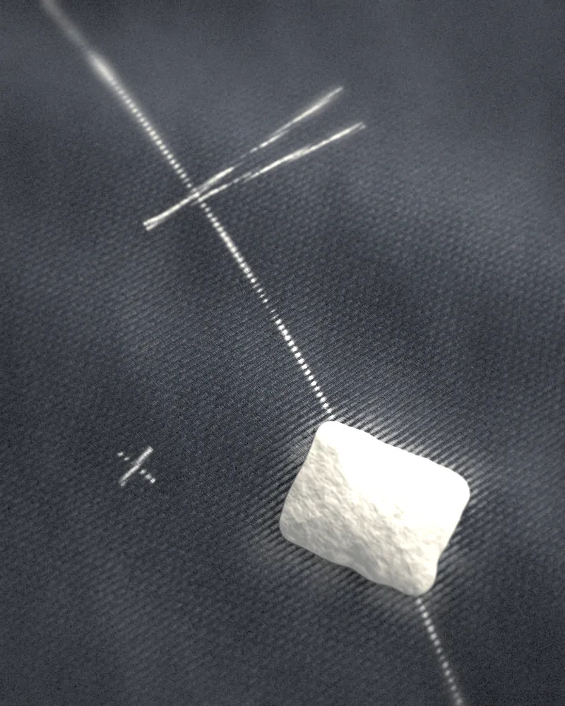 White chalk lines on charcoal cloth beside a piece of tailor's chalk