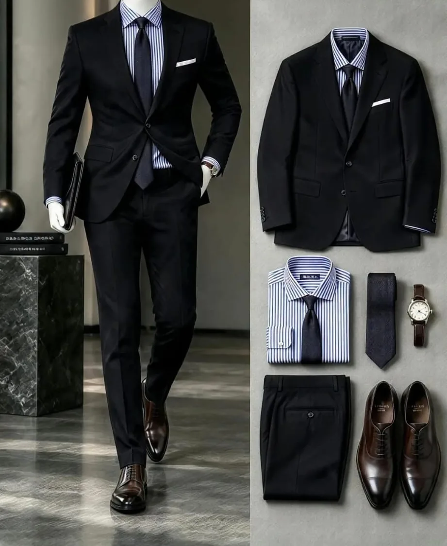 Black two-piece suit, striped shirt and dark tie