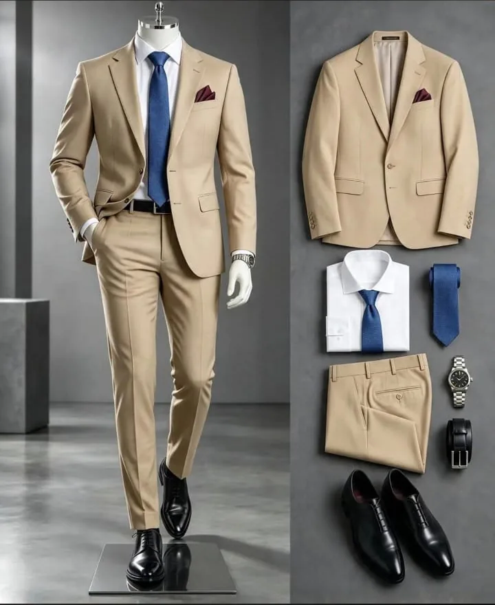 Tan summer suit with a blue tie