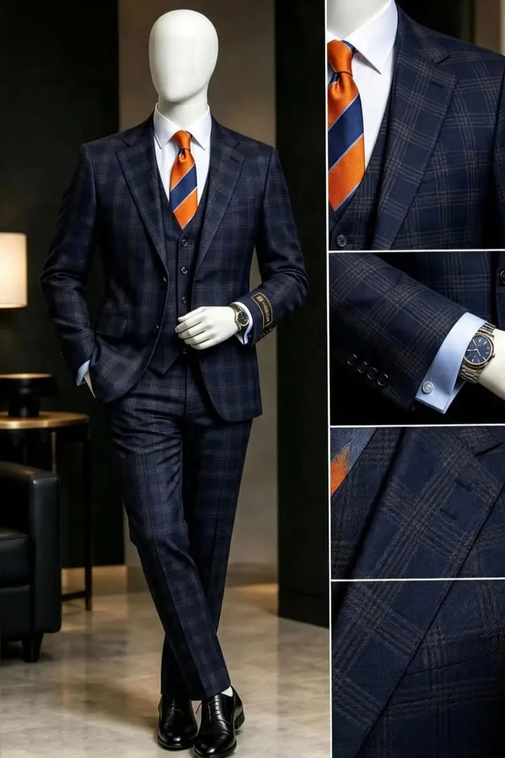 Navy check three-piece, with close-ups of the cloth and cuff