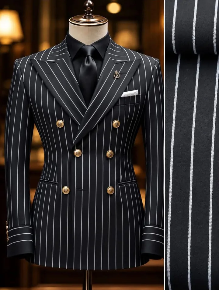 Double-breasted chalk stripe with metal buttons