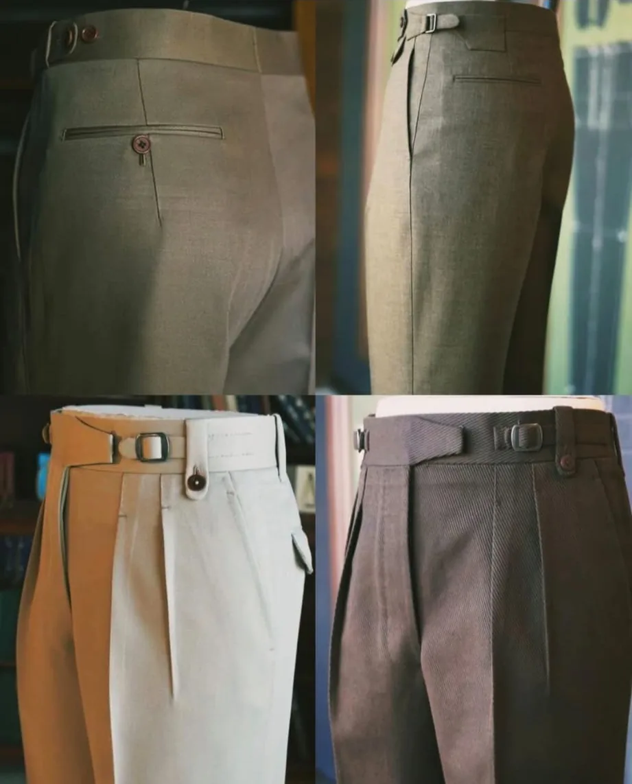 Trouser details: buttoned pocket, side adjusters and pleats